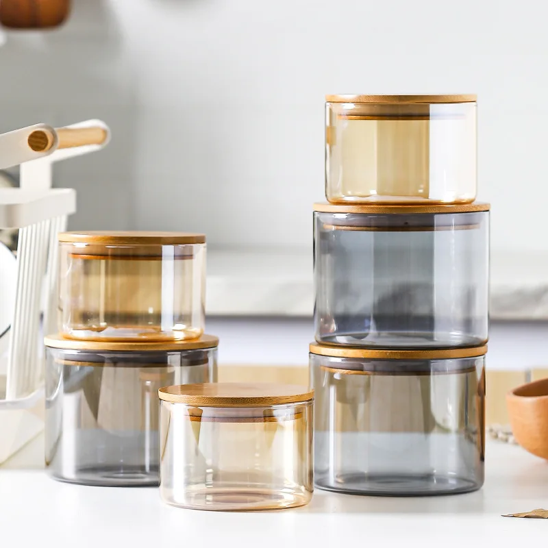 Kitchen Airtight Glass Jars Stackable Storage Jar Containers with Lid Food Spice Glass Salad Home Kitchen Wooden Lid Storage Jar