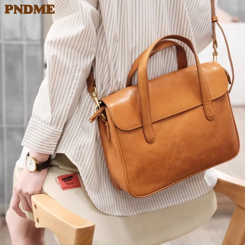 

PNDME casual high quality genuine leather women's postman bag outdoor travel luxury real cowhide ladies work commuter handbag