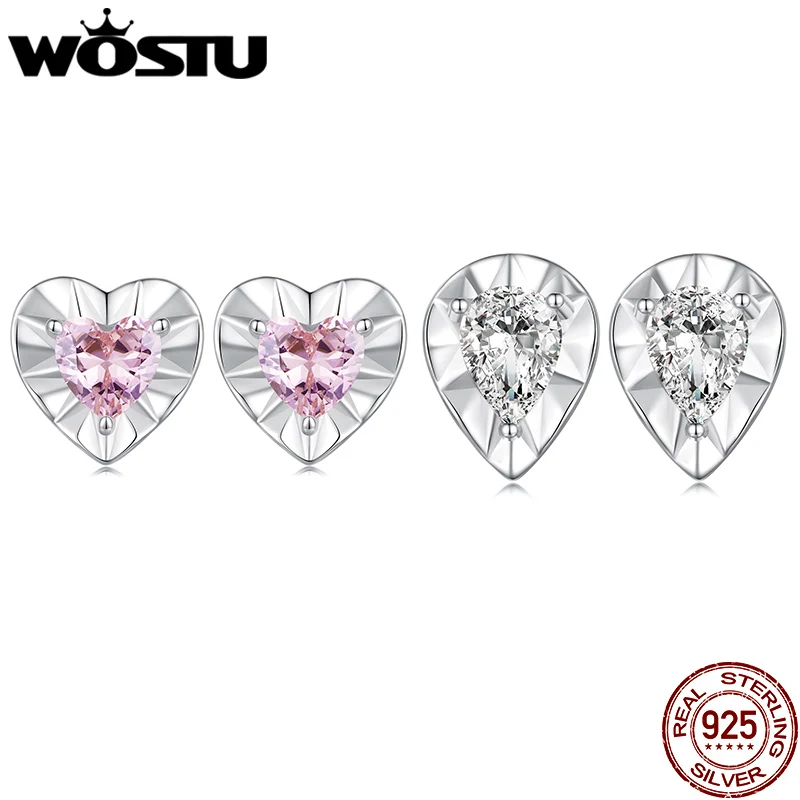 

WOSTU 925 Sterling Silver Lovely Pink Heart Stud Earrings For Women Clear Zircon Drop Ear buckles Wedding Party Jewelry Gift New