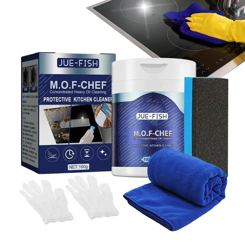 

Kitchen Cleaner Powder 100g Oil Stain Cleaner For Kitchen Oil Pollution Cleaning Agent With Gloves Rag And Sponge For Exhaust
