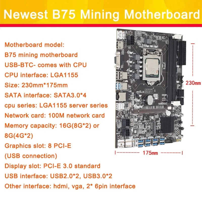 Материнская плата для майнинга Ethereum B75 поддерживает видеокарту 8 GPU 8X USB 3 0 PCIE Dual DDR3