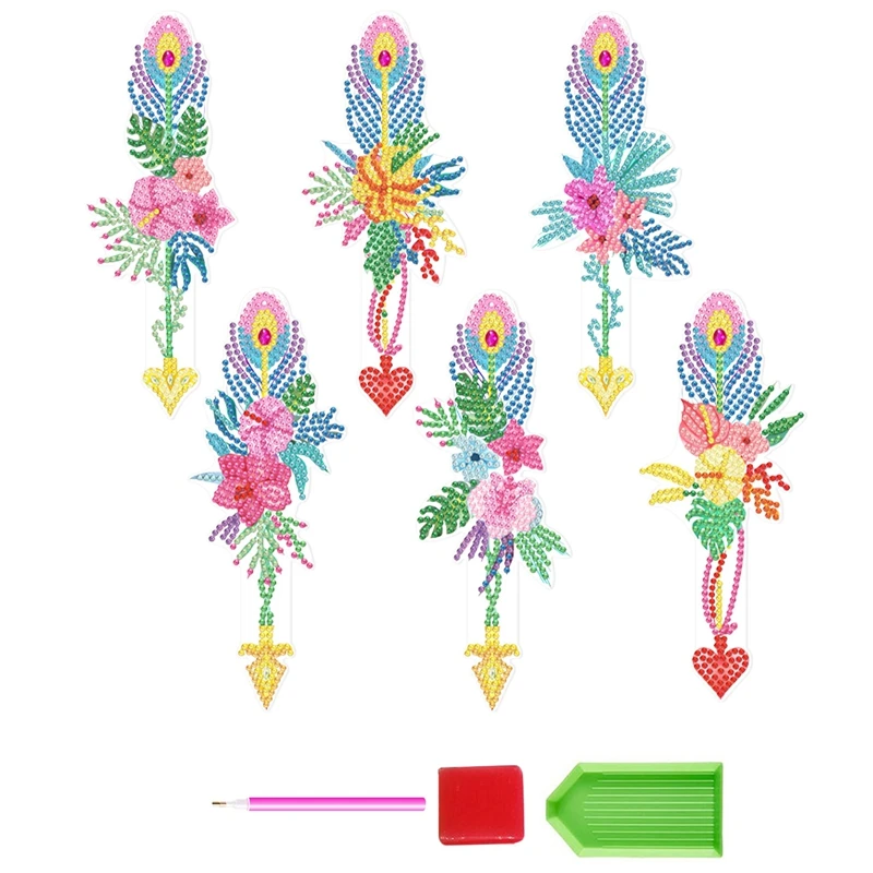 

6 Pcs Diamond Paint Bookmarks Kit Art 5D DIY Feather Rhinestones Bookmark For Adults Kids Bookmarks For Craft School