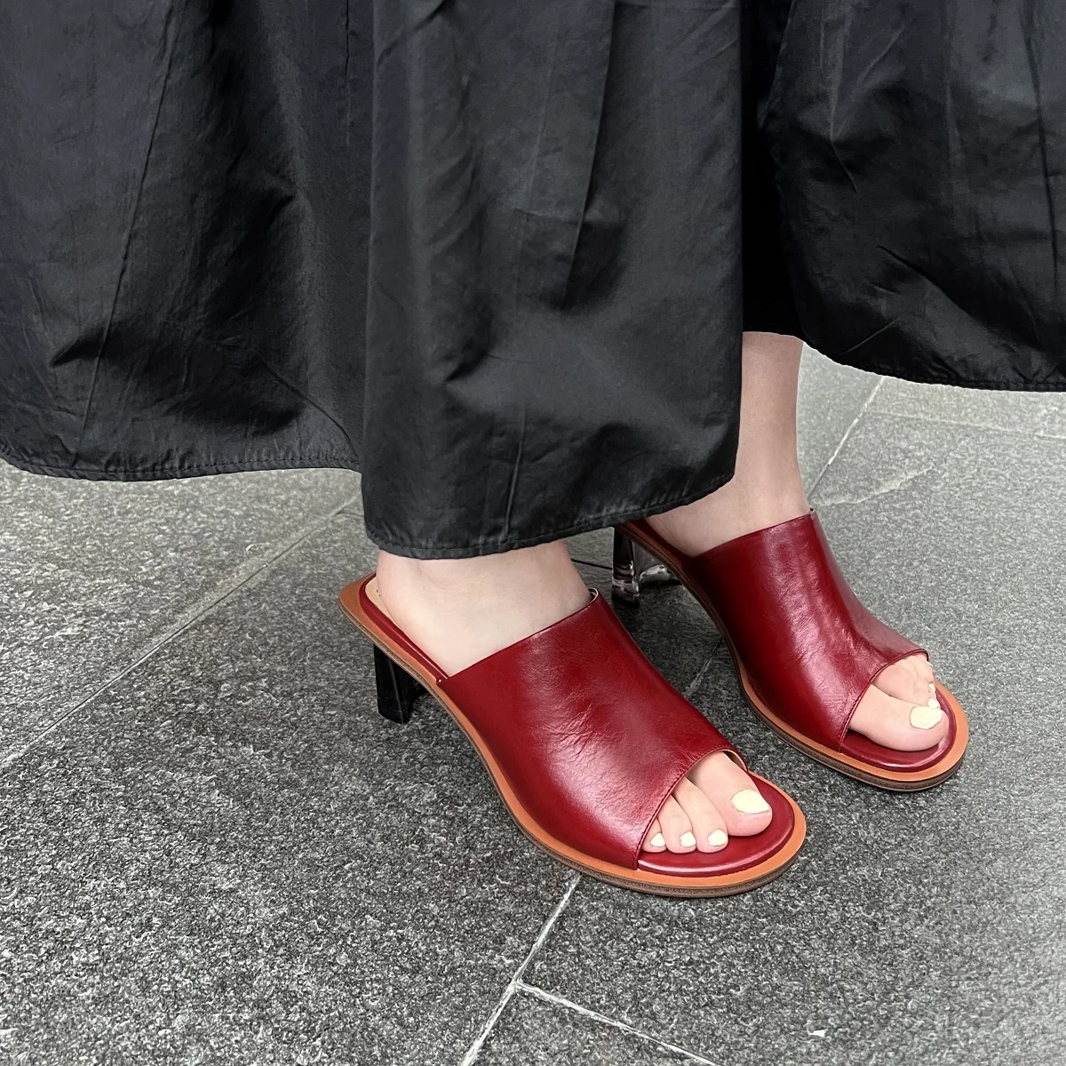 

Square Slippers Elegant Heel Women's Open Toe Quality Sandals Cowhide Genuine Leather Modern Pumps Summer Slipper