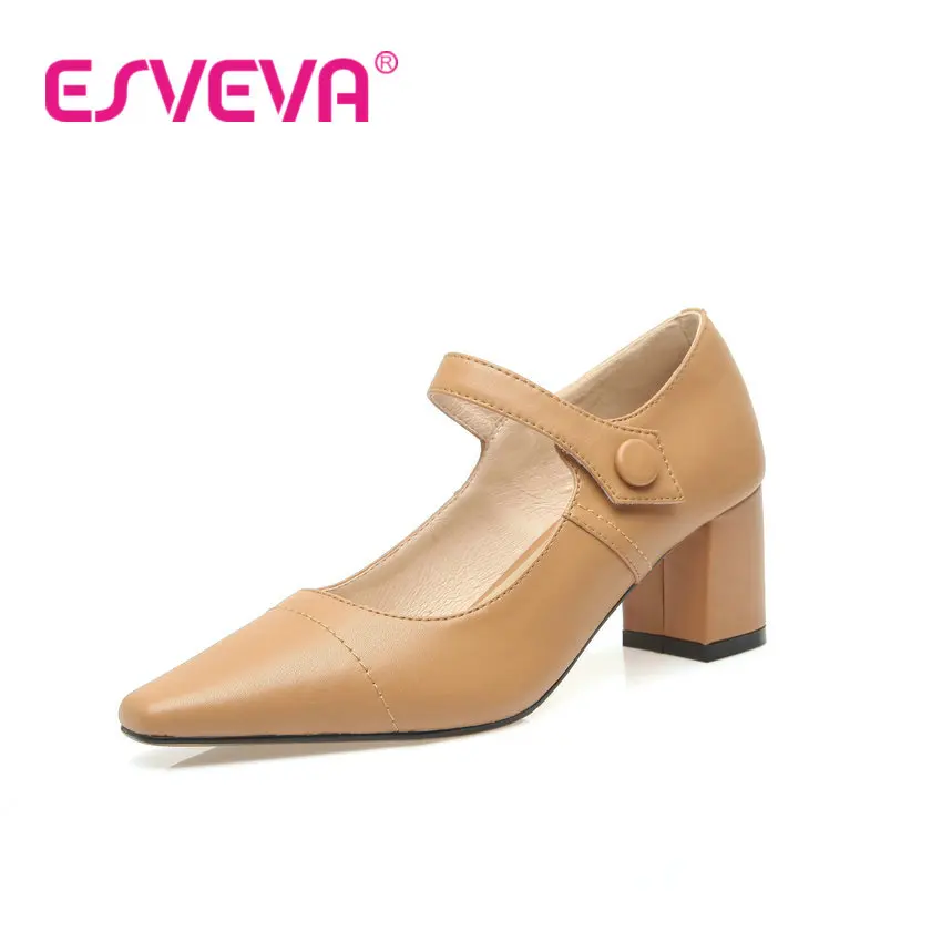 

ESVEVA 2022 Cow Leather Concise All Match Square Heels Pumps Buckle Leisure Pointed Toe Basic Women Shoes Size 34-39