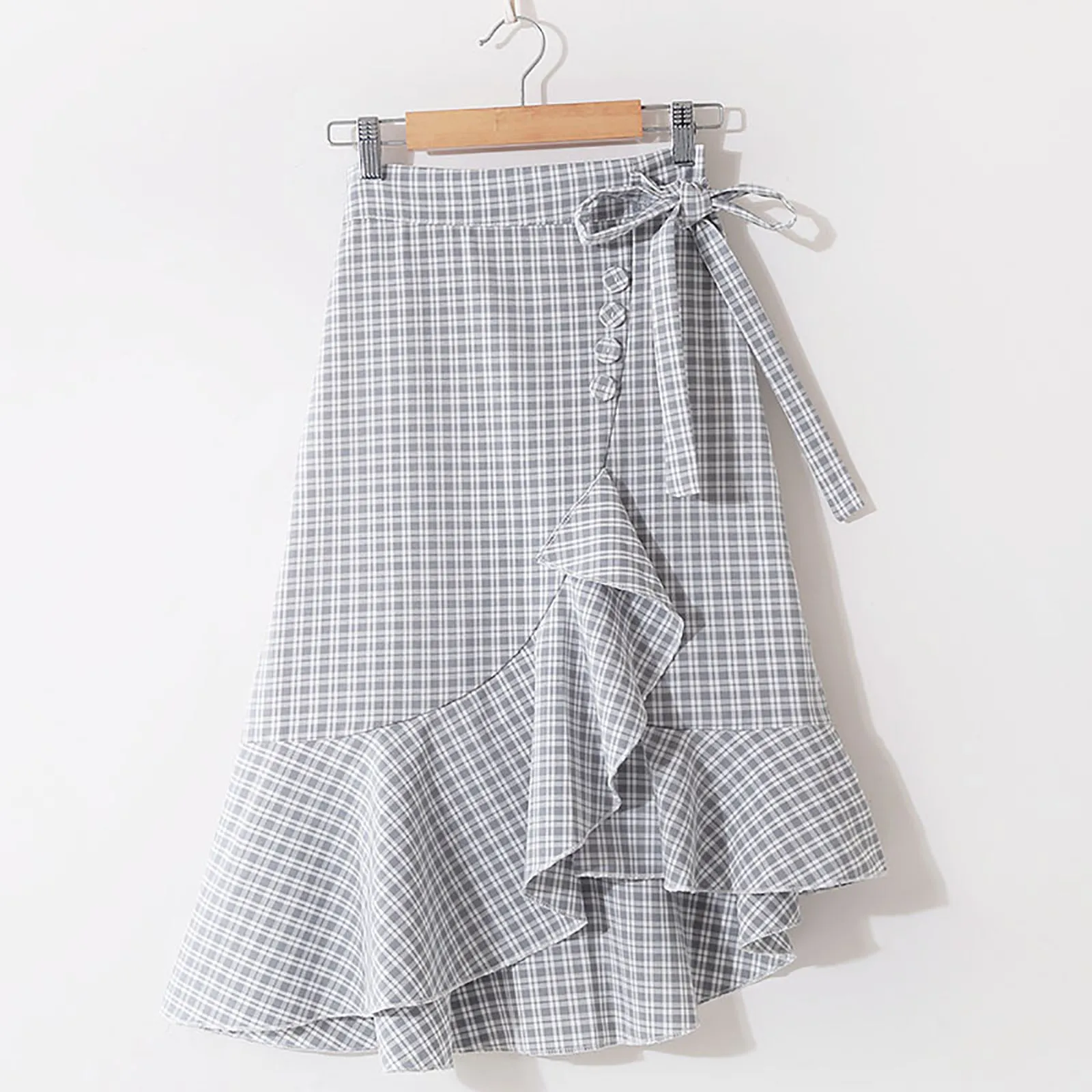 

High Low Tulle Skirt Women's Fashion Elastic High Waist Plaid Mid-length Asymmetric Ruffles Skirt Olive Skirt