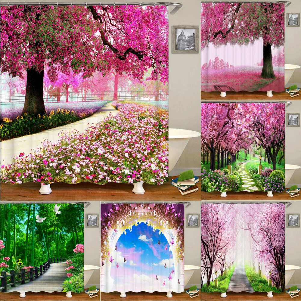 

Waterproof Fabric3D Shower Curtain Bathroom Curtain Beautiful Pink Tree Landscape Polyester Bath Curtain Decor with Hook Cortina