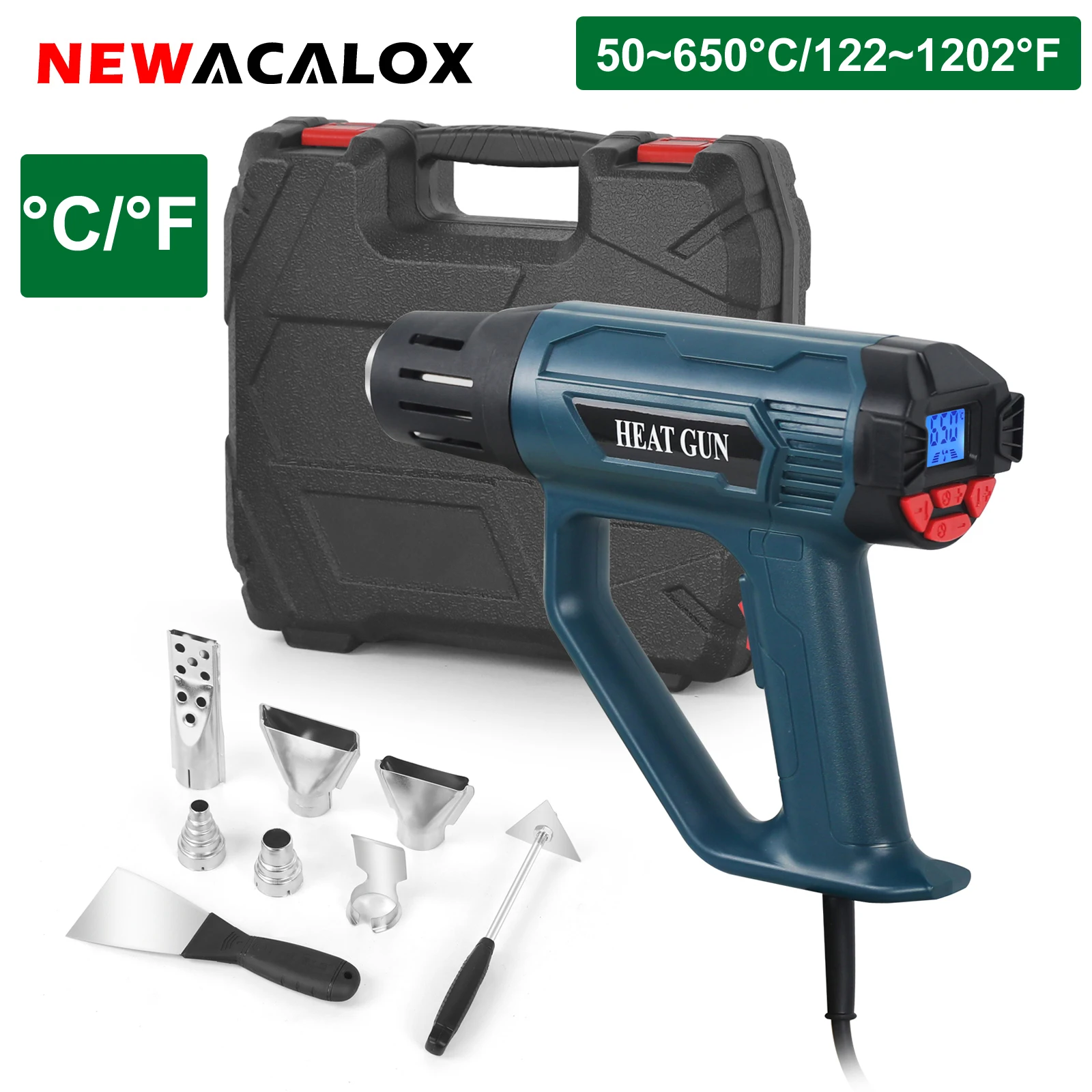 

NEWACALOX EU 220V 2000W Digital Heat Gun Set with ℃/℉ Switch 6Pcs Hot Air Gun Nozzles Tool Box for Removing Paint Shrinking PVC