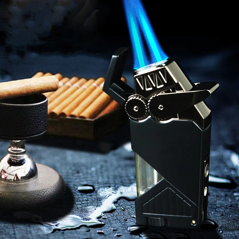 

Зажигалка газовая с двумя турбонаддувами, ветрозащитная необычная забавная Бутановая металлическая зажигалка с синим пламенем для сигар, ...