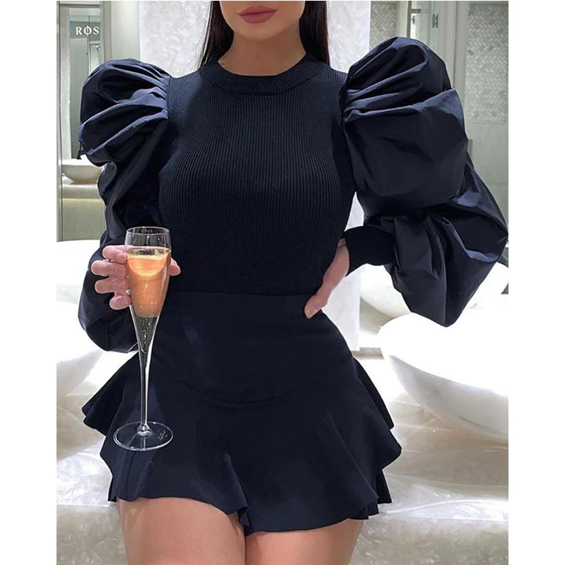 

2022 Fashion Women Long Puff Sleeve Sweater Patchwork Plus Size Shirts Solid Ribbed Knitted Elegant Slim Stretch Jumper Tops