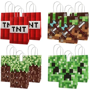 Mining Crafting Pixel Game Gift Bags Festival Paper Bag with Handles Baby Shower Candy Bags Kids Boy
