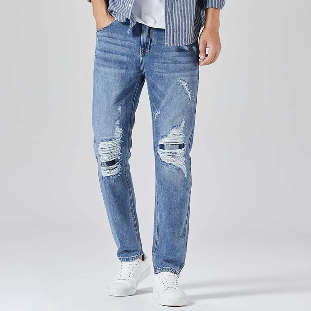 Spring  Autumn Ripped Jeans Men's Washed Straight Cotton Trousers Youth Trend Denim Pants Streetwear Beggar Pants Clothing