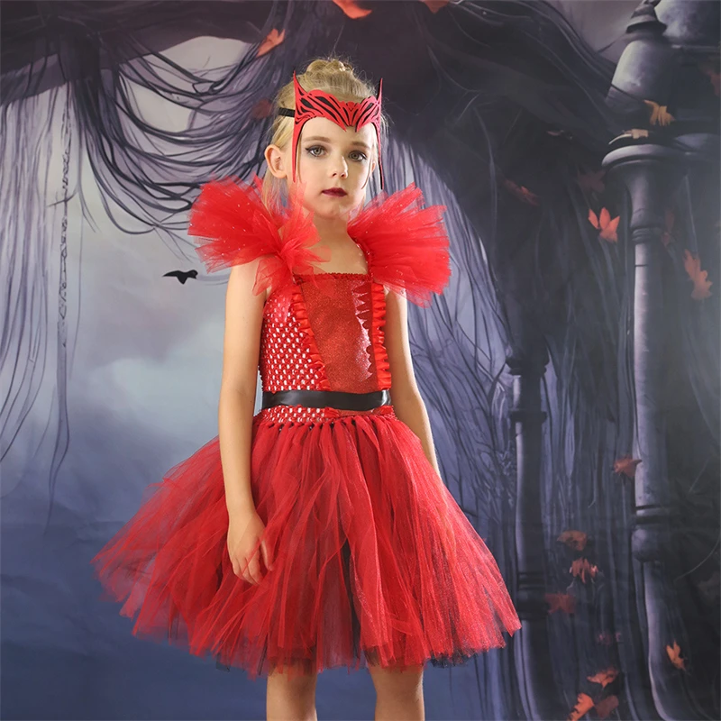 

2023 костюмы на Хэллоуин с красной ведьмой для детей, страшный призрак, маскарадный косплей, необычное платье, карнавальное яркое платье-пачка для девочек, женское платье