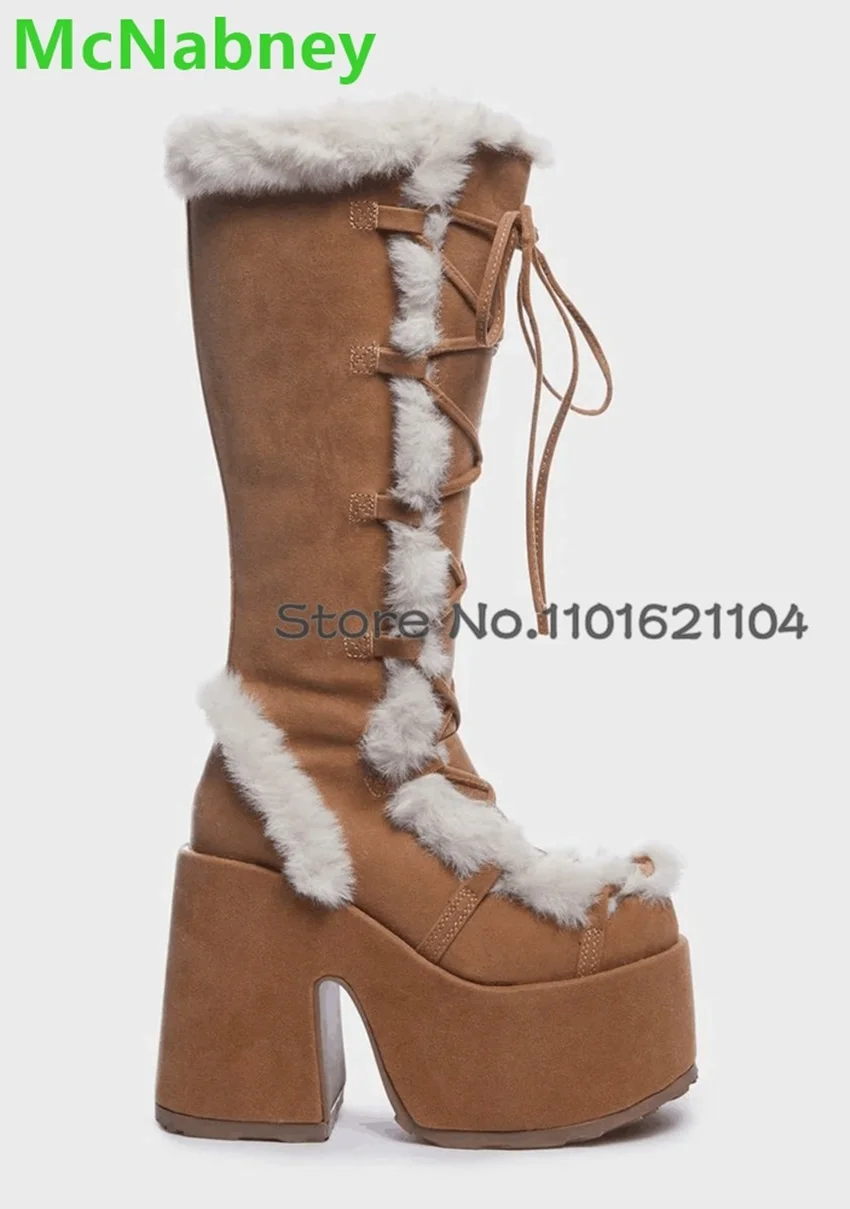 

Square Heel Platform Fur Long Boots For Female Women Hot Sales Warm Round Toe Lace-up Thick Sole Size 34-46 Elegant Sweet Shoes