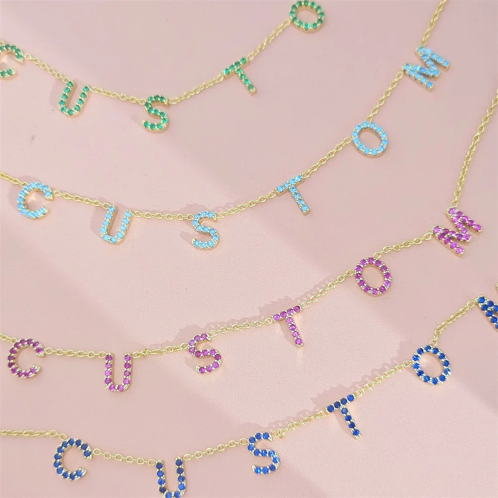 Customized 9mm Colorful Zircon Letter Cz Necklace Personalize Name Charm Necklace Custom Women Party Gifts Jewelry
