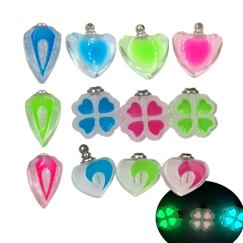 

50pieces Luminous Cone Sword Heart Clover Crystal Vial Pendant Glass Perfume Bottle Necklace Pendant Name On Rice Art