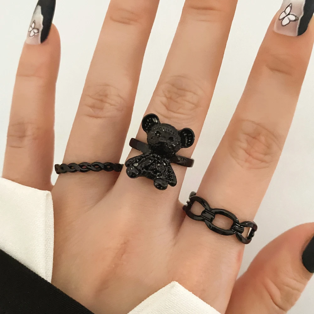 3pcs/set Black Rings for Women Bear Fidget Ring Steampunk Gothic Men Jewelry Silver Color Vintage Heart Rings Fashion Accessorie