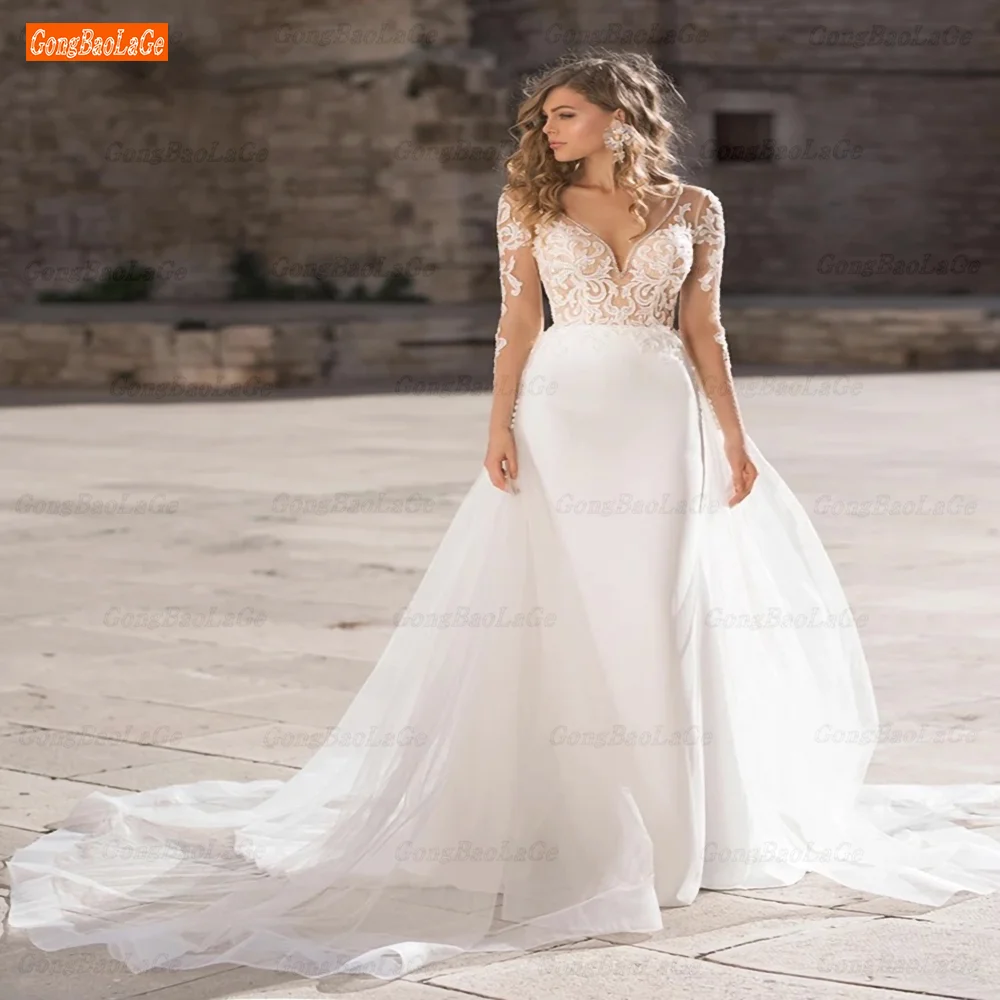 Купи Lace Long Sleeve Mermaid Wedding Dresses With Detachable Train 2022 V-Neck Bridal Gown Open Princess Robe De Mariee Customize за 5,389 рублей в магазине AliExpress