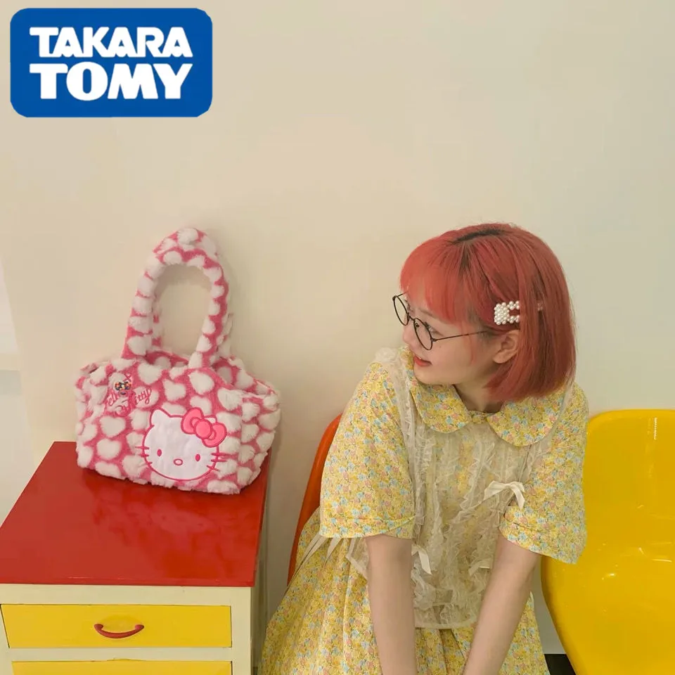 

Плюшевая Сумка-тоут Hello Kitty, милый мультяшный вместительный саквояж на плечо, дизайнерская шикарная Дамская Осенняя сумочка-мессенджер