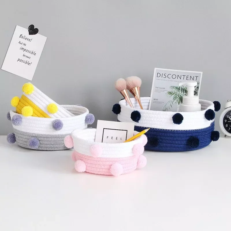 

2023NEW Nordic Pompom Cotton Rope Storage Baskets Woven Desktop Sundries Kids Toys Organizer Box Dirty Clothes Laundry Basket Ha