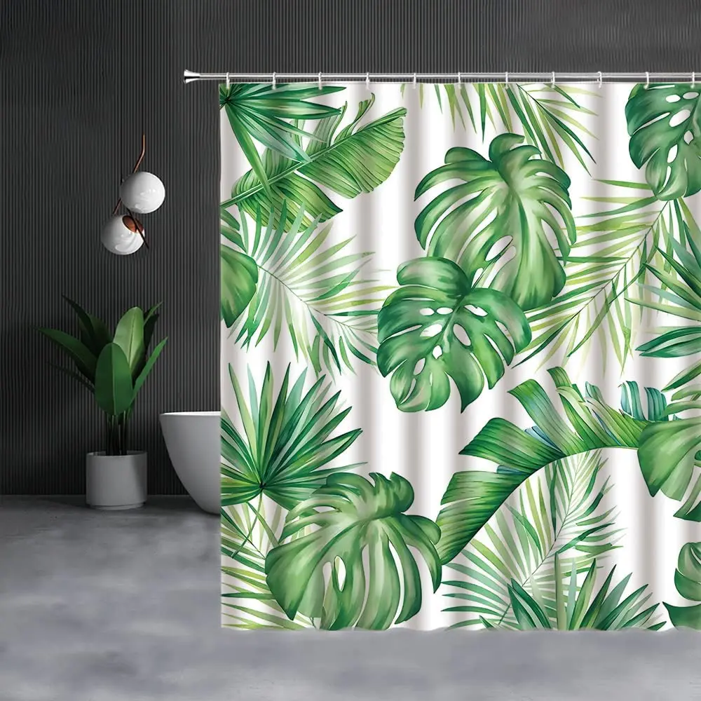 

Tropical Leaves Shower Curtain Summer Palm Leaf Botanical Plant Jungle Banana Monstera Green Fabric Bathroom Curtain with Hooks