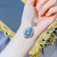 new trendy necklaces for women silver color jewelry water drop shaped aquamarine pendant neck ornament engagement wholesale