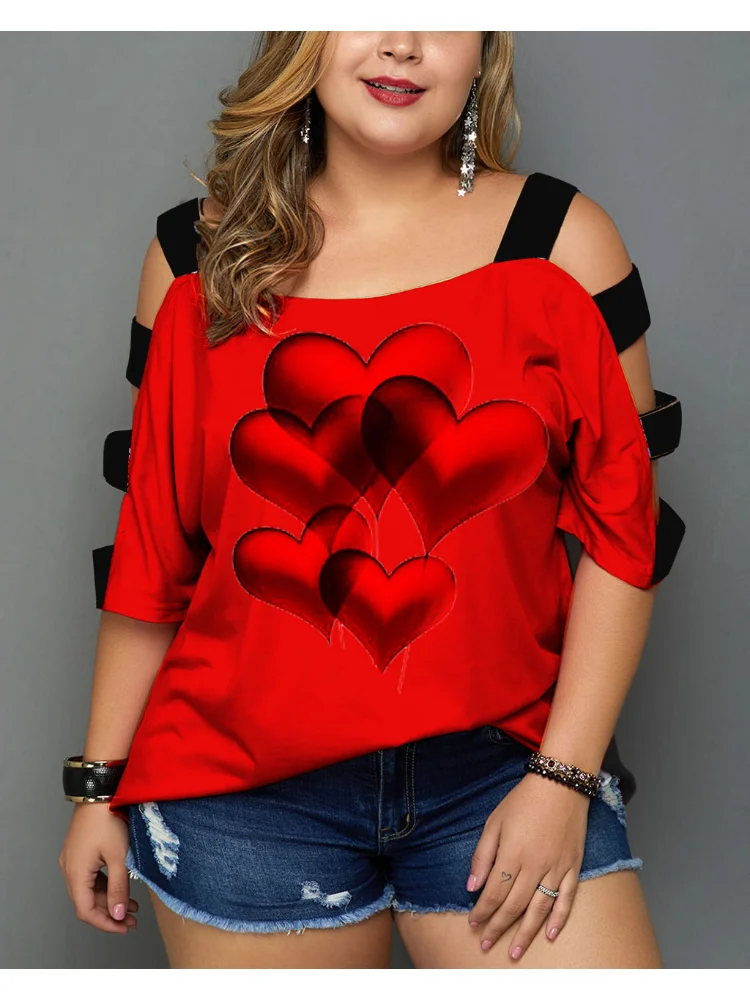Large-size printed trapezoidal hollow-out off-the-shoulder coat plus color plus size clothing dames t shirt