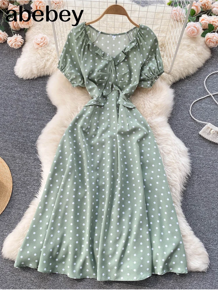

Green 2022 New Red Polka Dot Print Long Dress Summer Short Sleeve V Neck Slim Elegant Vacation Maxi Dresses For Women Vestidos