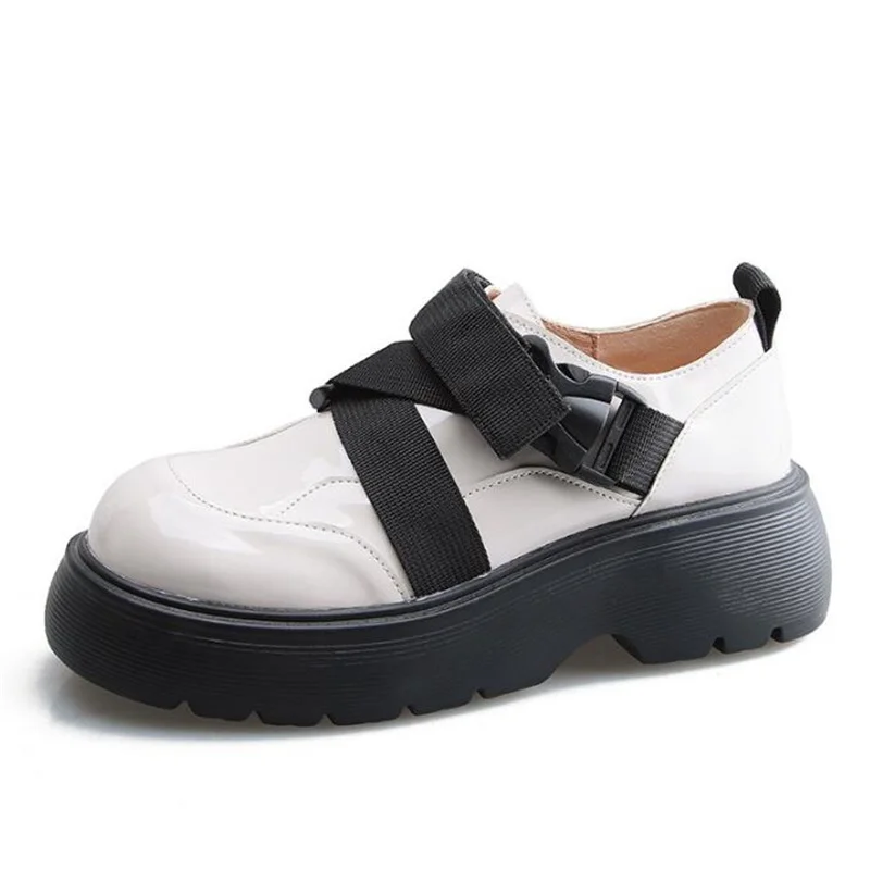 Japanese Cross Patent Leather Round Toe Platform Loafers Slip on Flats Ladies Casual Shoes Women's Original Design Oxfords