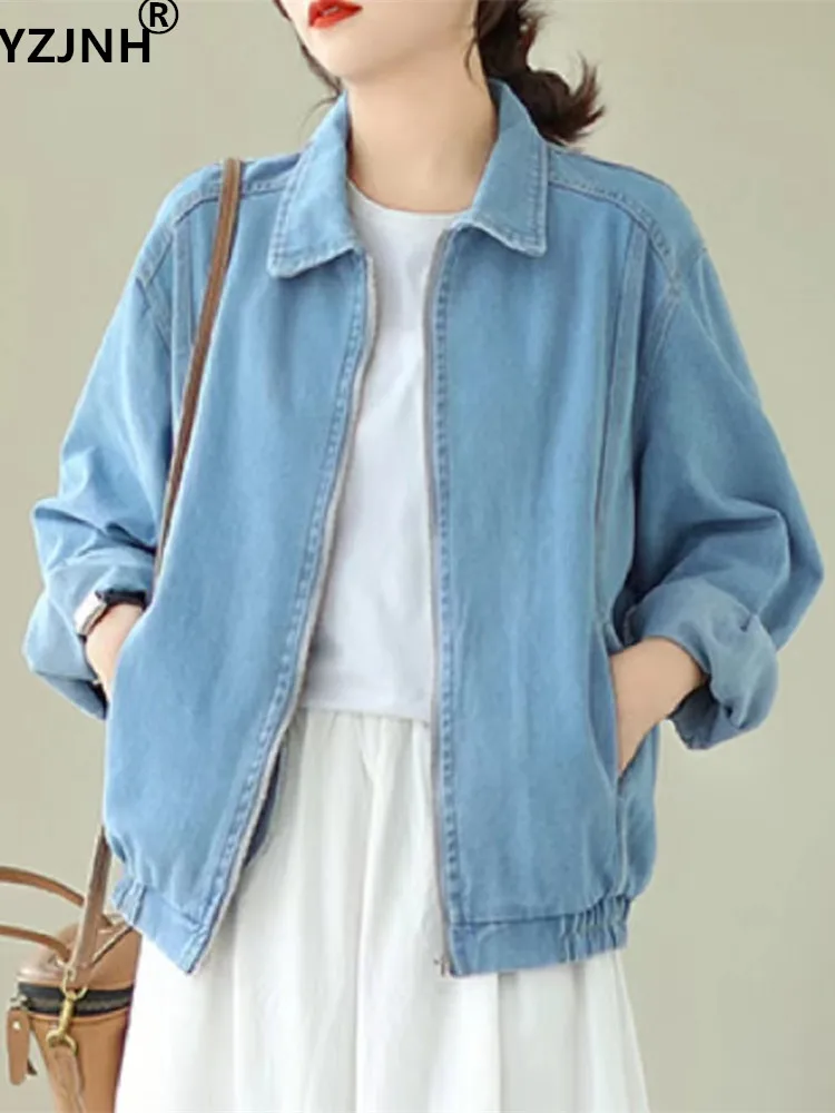 

Осеннее Новое винтажное джинсовое пальто YZJNH на молнии, Женский Свободный Повседневный Топ с коротким длинным рукавом, Женский Большой