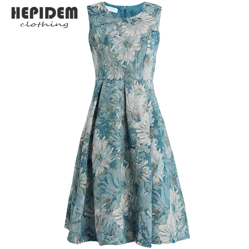 

HEPIDEM Clothing Summer Midi Dress Women 2022 New Print Sleeveless Vintage Jacquard A-Line Dress 69890