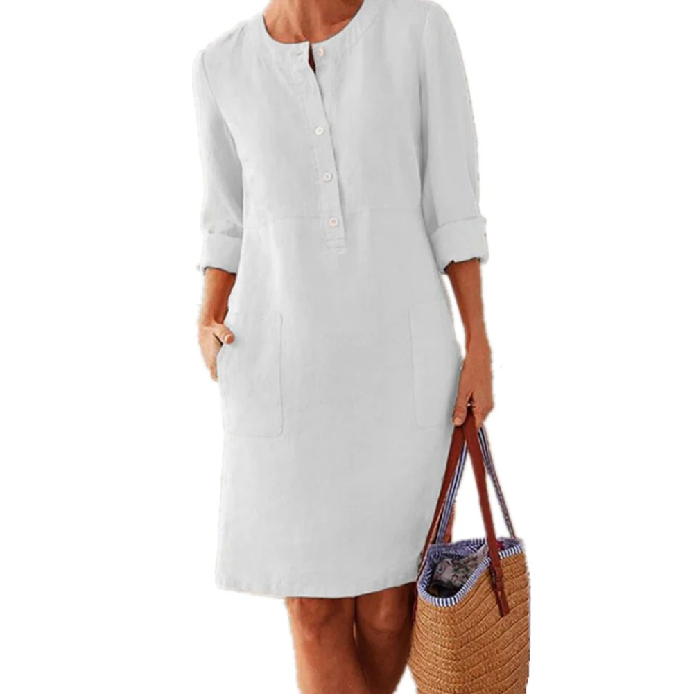 

Elegant Soft With Pockets Fashion Beach Travel Solid O Neck Buttons Women Dress Long Sleeve Summer Autumn Cotton Linen Daily
