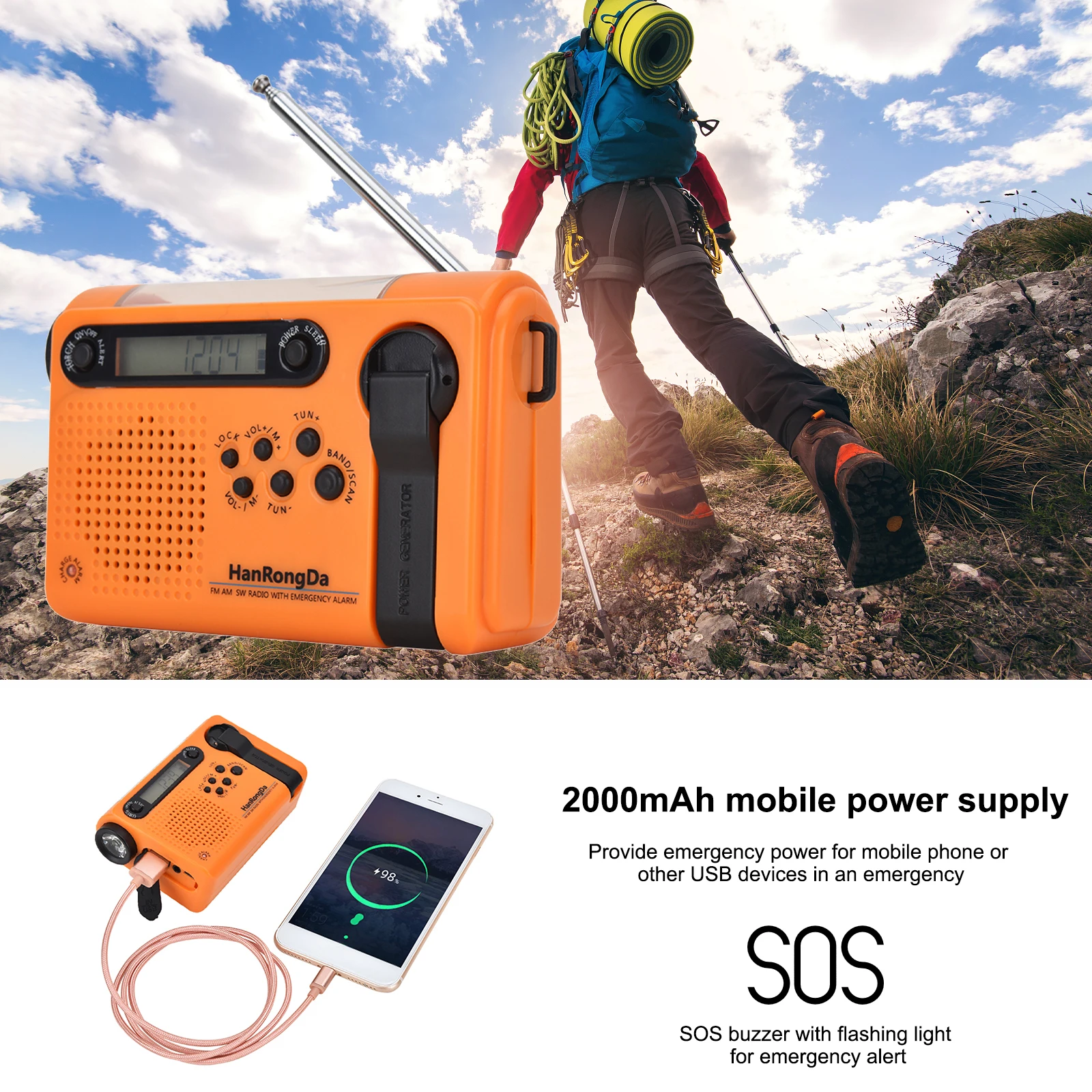 

Waterproof Emergency Radio FM AM SW Crank Dynamo Solar Power Emergency Radio with LED Flashlight Reading Lamp Digital Radio