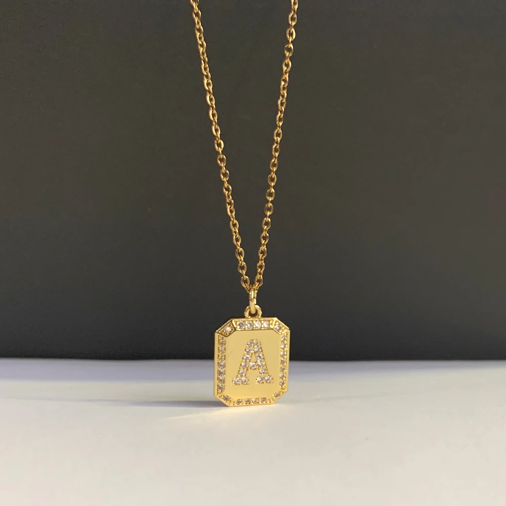

Vintage Gold Color CZ Pave Initial Alphabe Letter Pendant Necklace Women Trendy Geometric Square Tag A-Z Charm Chain Choker