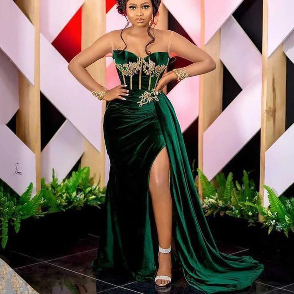 

2022 Green Satin Prom Party Dresses Sexy High Split Sweetheart Neck Arabic Aso Ebi Plus Size Evening Occasion Gown wear