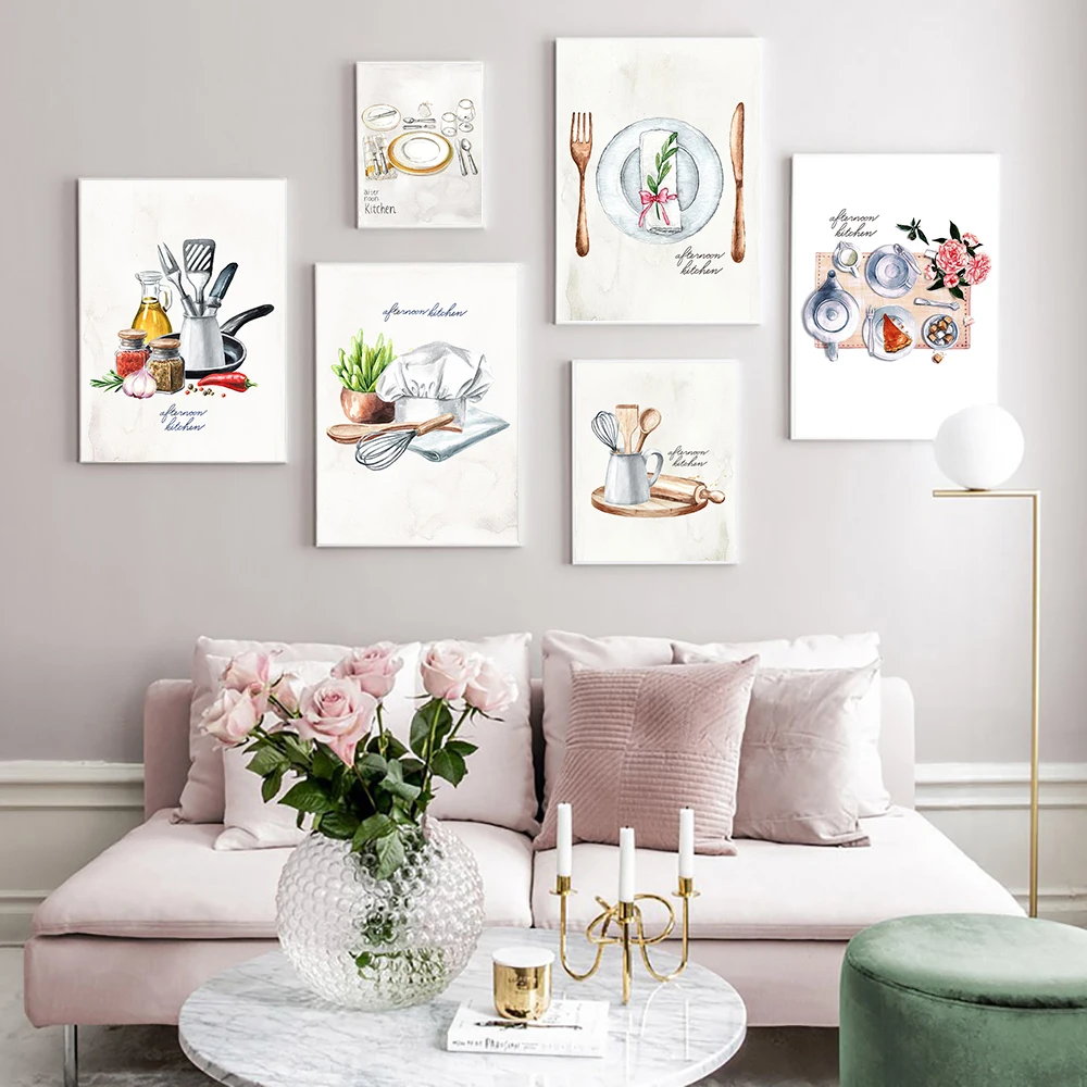 

Nordic Kitchen Tools Watercolor Canvas Painting Modern Plate Seasoning Poster Prints Wall Art Picture For Dining Room Home Decor