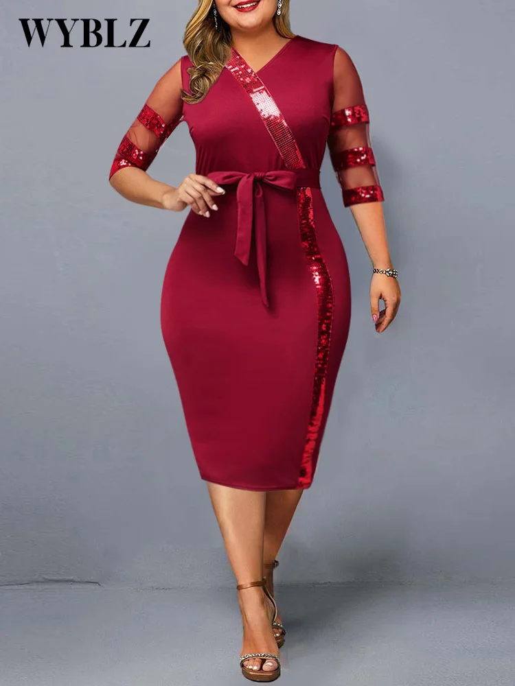 Plus Size Dresses for Women 4XL 5XL Mesh Sequin Stitching Large Size Women's Evening Dress Elegant Fashion Office Lady Dresses