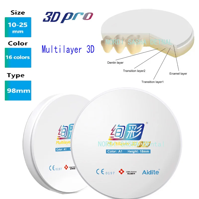 

Aidite 3D Pro Multilayer Zirconia Blocks Discs Dental Lab Zirconium Blank Open System 98mmX12/14/16/18 Translucence 43%-57% 1 Pc
