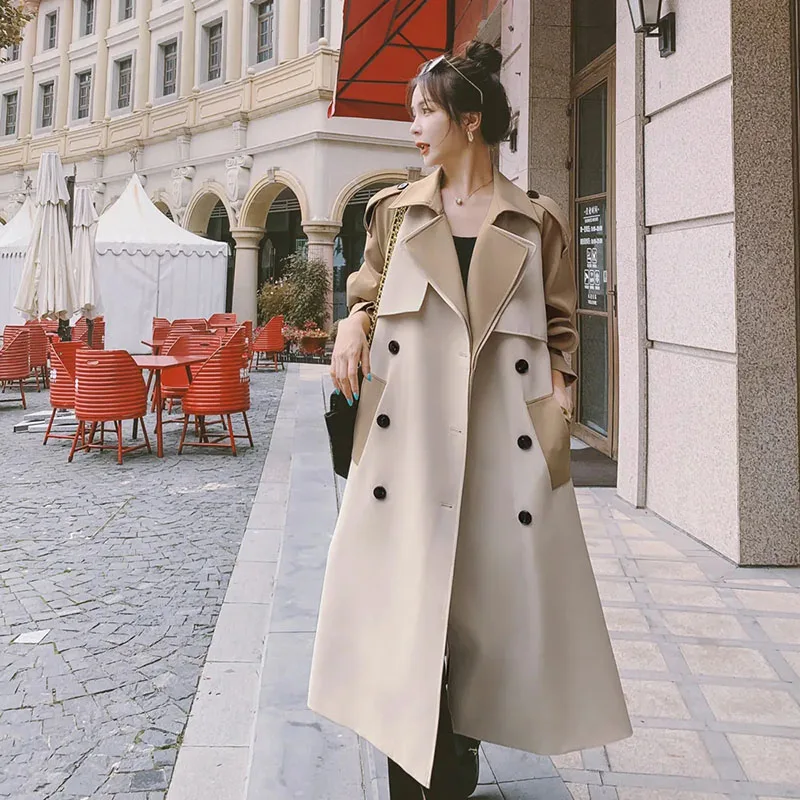 

Mid-length Women Color Matching Windbreaker Spring Autumn New Korean Loose Long Sleeve Trench Coat Plus Sashes Casual Moda Mujer
