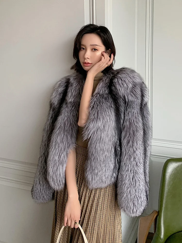 Imported Full Pelt Silver Fox Fur Coats and Jackets Women Covered Button Real Fur Luxury Clothes Women's Long-sleeved Warm Coat