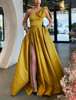 a line vintage sexy party wear formal evening dress one shoulder sleeveless sweep brush train satin with bows pleats slit 20