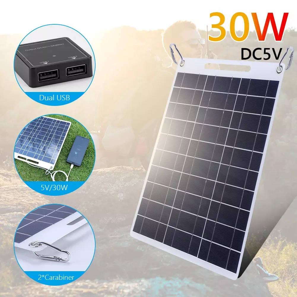 

30W Solar Panel 5V Polysilicon Flexible Portable Outdoor Waterproof Solar Cell Car Ship Camping Hiking Travel Cell Phone Charger