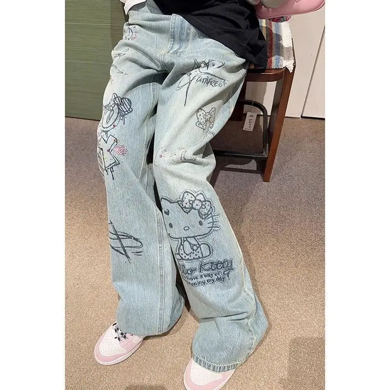 

Sanrio Kawaii Hellokitty Y2K Anime Drill Print Straight Wide Leg Jeans Women Loose Long Pants Trend Streetwear Vintage Trousers