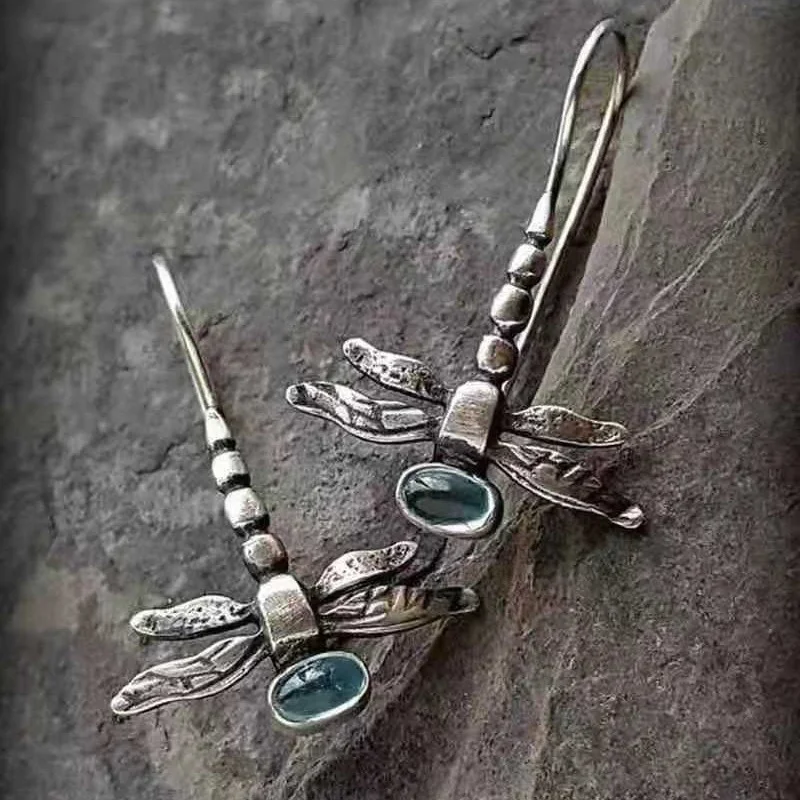 

Luxurious Metal Dragonfly Earrings Vintage Silver Color Carving PatternInlaid Sea Blue Zircon Stones Dangle Earrings for Women