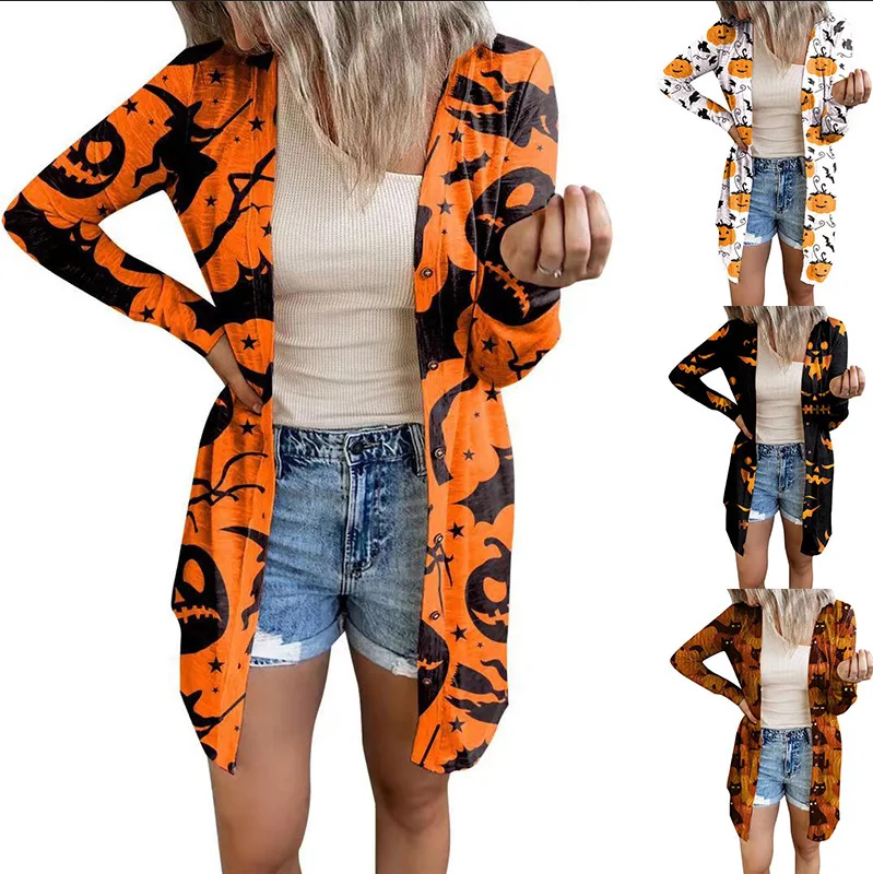 

Женский однобортный Кардиган А, трикотажный свитер с V-образным вырезом, модная короткая трикотажная одежда, джемперы с забавным принтом на Хэллоуин, Осень-зима 2023