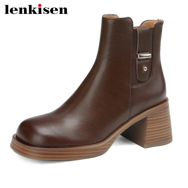 

Lenkisen Cow Leather Round Toe Rage Office Lady Wear Thick High Heels Modern Boots Superstar Cozy Platform Zipper Ankle Boots
