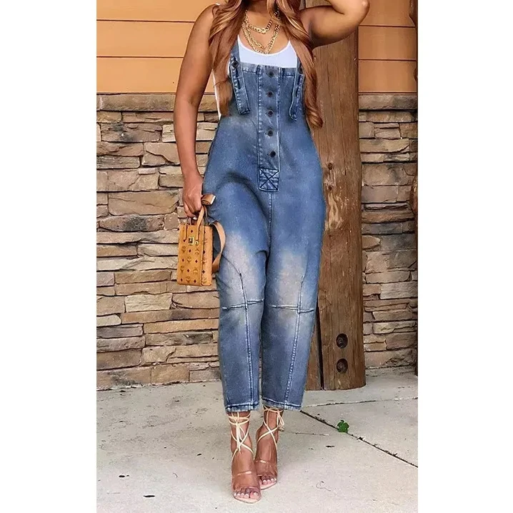 Комбинезон 2024 цельный женский джинсовый комбинезон на подтяжках Длинные прямые