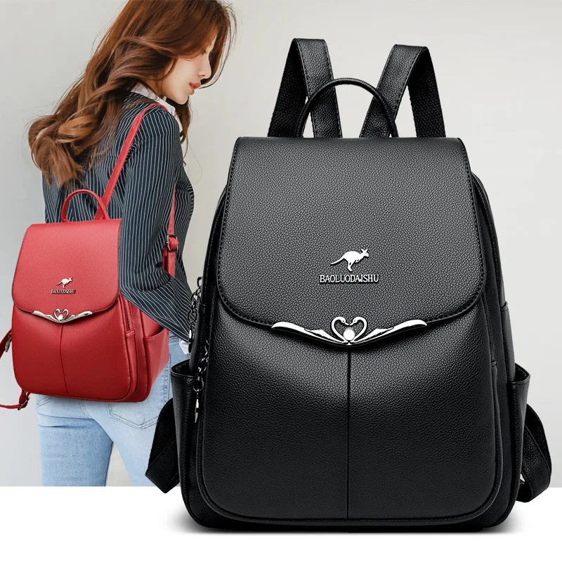 

Adies Travel Leather Backpack Real Cowhide Backpack Women's Bag Solid Color High Quality Black Leather Bag Student Schoolbag