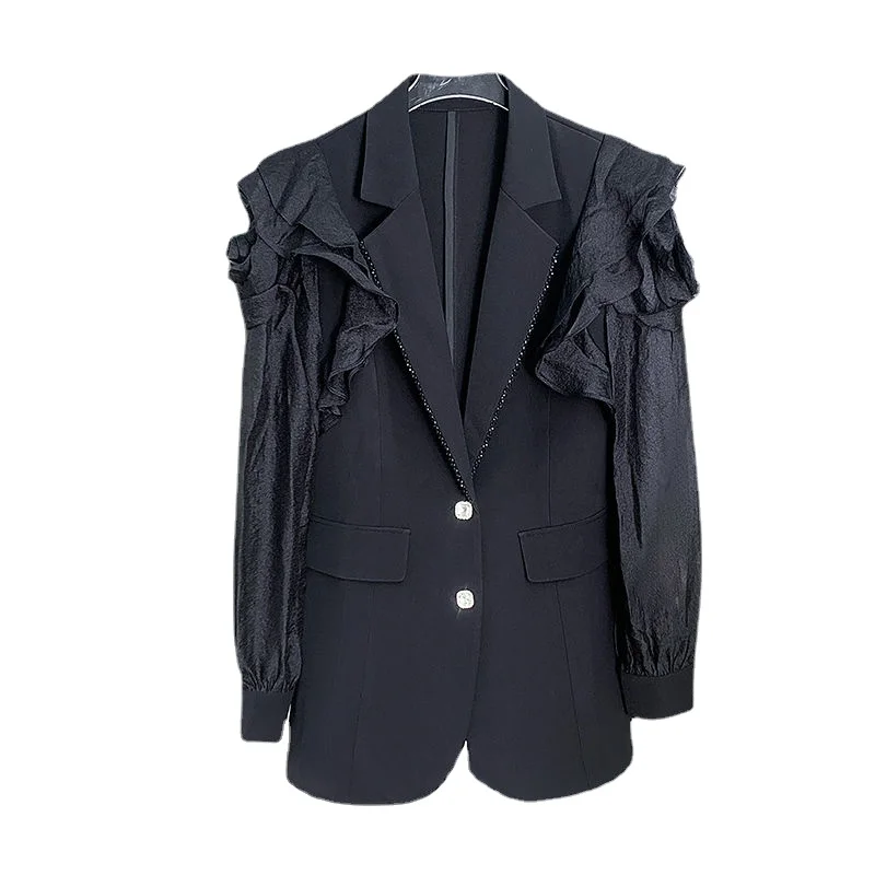 Luxury Chic Long Sleeve Blazer Women Ruffle Black Blazer White Suit Spring Summer Slim Jacket Thin Coat Patchwork Cardigan