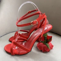 ladies rose heel slippers open toe red flower heel slippers fashion show feminine black slingback high heels sandals 8 5cm