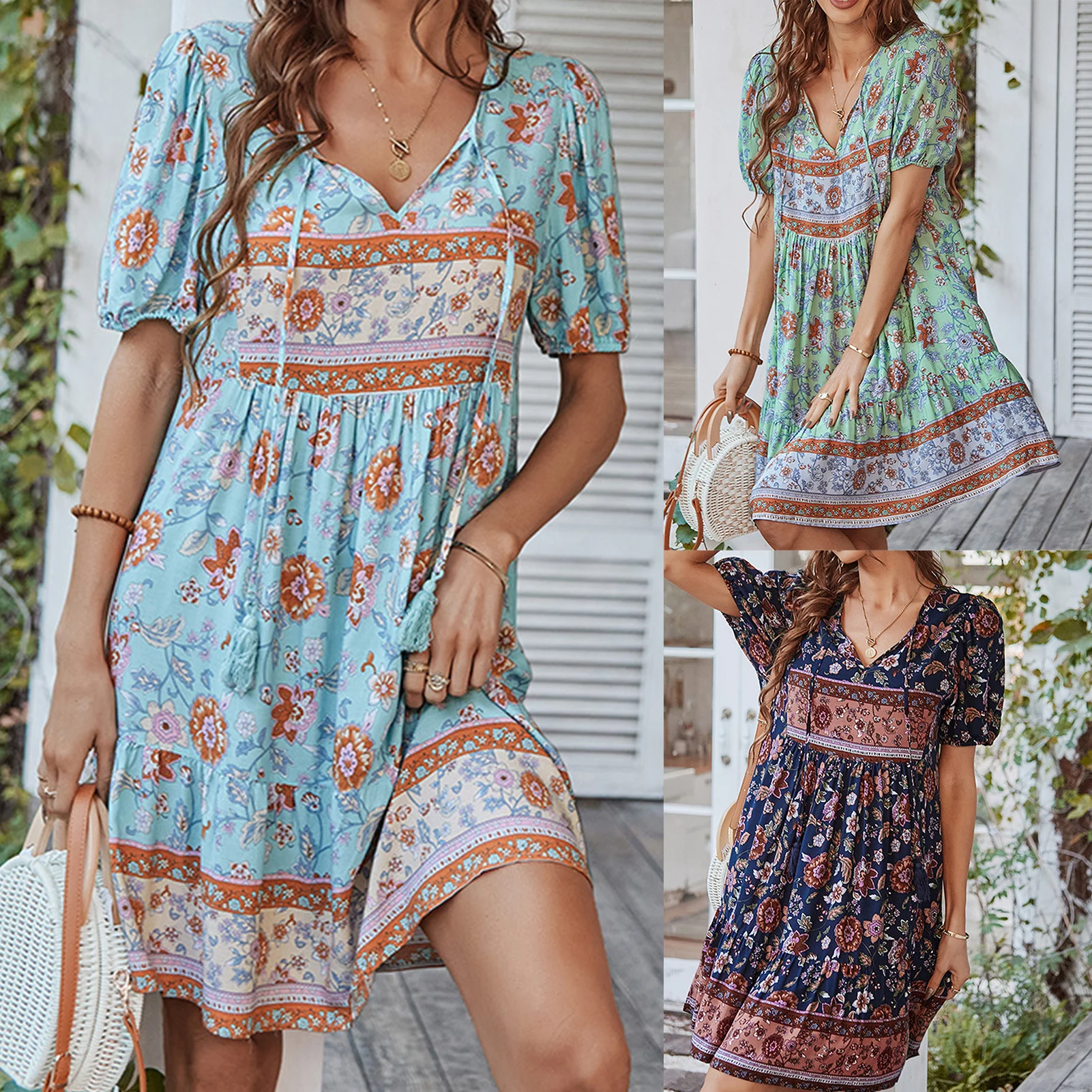 

Womens Summer Dress Bohemian Boho Vintage Mini Dress Short Sleeve Fairycore Elegant Floral Print Loose Beach Dress